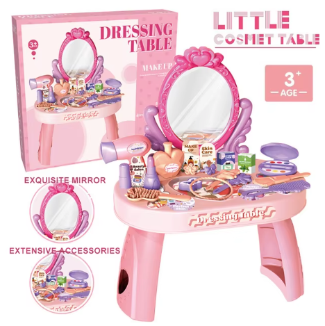 Dressing Table Role Play Set Toy Kids Girls Pink Vanity Mirror Make Up Desk Beauty Sets Toy Play for Pre-Kindergarten Children